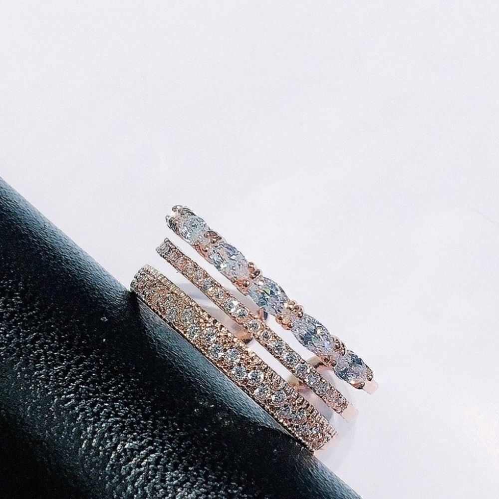 Rose Gold PLATED Triple CZ Diamond Stackable Adjustable Ring - Picture 3 of 7